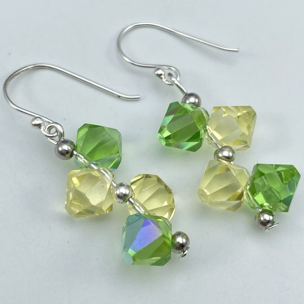 Made With Swarovski Crystals Green Yellow Beaded Sterling Silver Earrings Cute